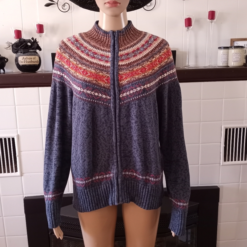 Vintage 90s Fair Isle Blue Knit Sweater Women's Size Large